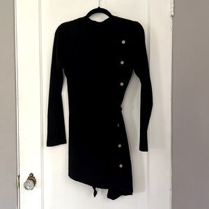 Long Sleeve Slanted Hem Black Dress